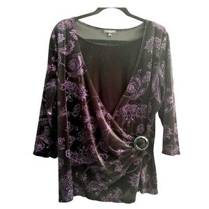 Vintage Notations Black Purple Shimmery Velvet Faux Wrap Dress Top Size 2X